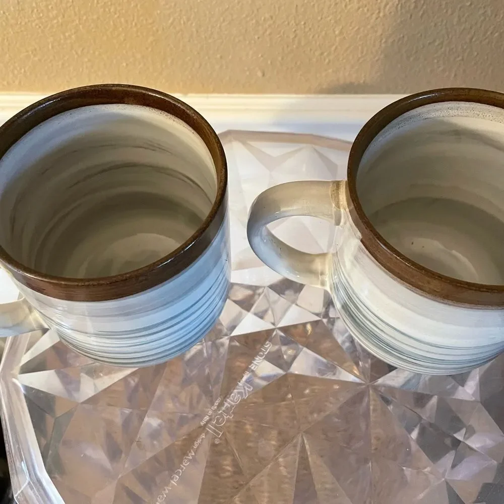 Dash of That Tracey Stoneware Mugs set of 2 Brown and Blue Swirl New Never Used!